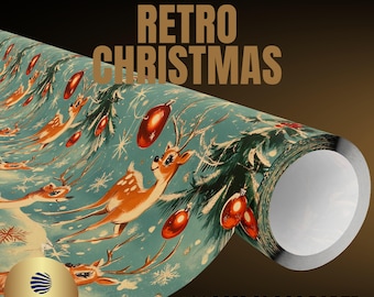 May include: A roll of teal gift wrap paper featuring a repeating pattern of brown deer, green pine branches, red ornaments, and white snowflakes. The text PREMIUM GIFT WRAP, RETRO CHRISTMAS, 180GSM GLOSS PAPER, and THE GIFT WRAP EMPORIUM are visible.
