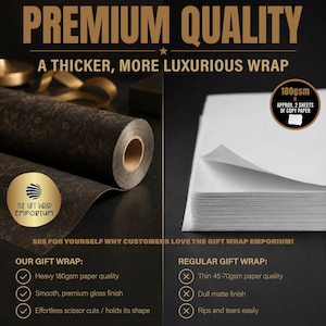 May include: A comparison graphic showing a roll of dark brown gift wrap with a gold floral pattern next to a stack of white paper. Text includes PREMIUM QUALITY, A THICKER, MORE LUXURIOUS WRAP, 180gsm, and THE GIFT WRAP EMPORIUM logo.