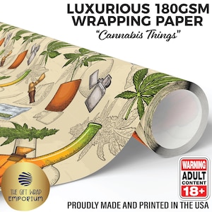 May include: Luxurious wrapping paper with a beige background and a repeating pattern of cannabis-related illustrations. The paper features the text "LUXURIOUS 180GSM WRAPPING PAPER 'Cannabis Things'" and a warning label for adult content.