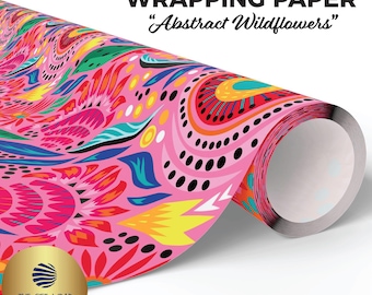 Abstract Wildflowers Wrapping Paper, Pink Floral Gift Wrap, Pink Orange Wrapping Paper, Floral Wrapping Paper, Abstract Flowers Gift Wrap