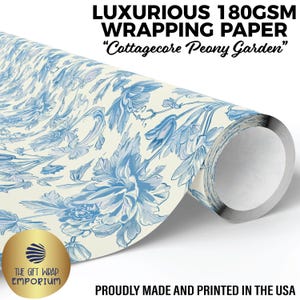 Cottagecore Peony Garden Wrapping Paper, Toile de Jouy Chinoiserie, Peonies Wrap, Elegant French Garden Wrapping, Blue Floral Vintage Wrap