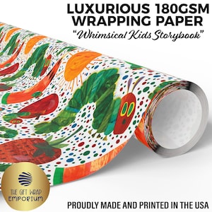 May include: A roll of luxurious 180GSM wrapping paper with a colorful "Whimsical Kids Storybook" design. The paper features illustrations of a green caterpillar, sun, and various fruits. The Gift Wrap Emporium logo is visible.