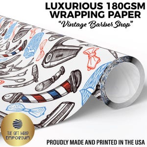Vintage Barber Shop Wrapping Paper, Barber Gift, Hair Stylist Gift, Hairdressers, Retro Shaving Gift Wrap,  Red White Blue Stripes Barber