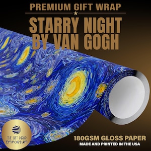 May include: A roll of premium gift wrap featuring the Starry Night by Van Gogh painting with swirling blue and yellow patterns. The text reads Premium Gift Wrap, Starry Night By Van Gogh, 180gsm Gloss Paper, Made and Printed in the USA.