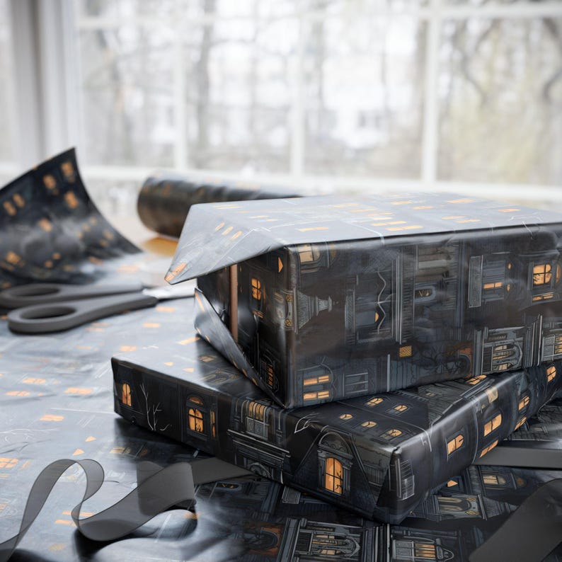 Gothic Haunted Houses Wrapping Paper, Spooky Gift Wrap, Halloween Wrapping Paper, Gift Wrap for Goths, Creepy Wrapping Paper, Goth Gift Idea image 5
