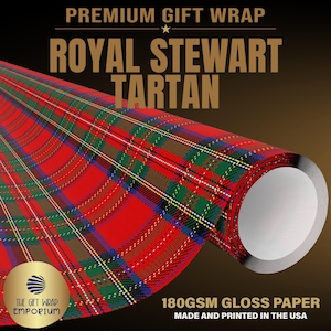 May include: A roll of Royal Stewart tartan gift wrap paper featuring a classic red, green, blue, and yellow plaid pattern. The text reads PREMIUM GIFT WRAP, ROYAL STEWART TARTAN, 180GSM GLOSS PAPER, MADE AND PRINTED IN THE USA.
