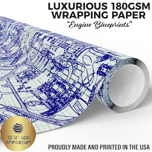 Engine Blueprints Wrapping Paper, Mechanical Drafting Gift, Engineering Gift Wrap, Gift Wrap for Car Lovers, Mechanics and Auto Enthusiasts