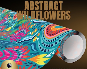 Papel de regalo con flores silvestres abstractas, papel de regalo con flores azules, papel de regalo con naranja y verde azulado, papel de regalo con flores abstractas