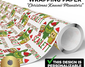 Christmas Kawaii Monsters Wrapping Paper, Kawaii Christmas, Custom Kids Kawaii Gift Wrap, Custom Name Gift Wrap, Personalized Wrapping Paper