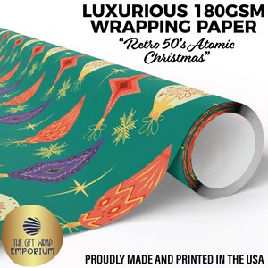 Vintage 50&#39;s Atomic Christmas Wrapping Paper, Retro Ornaments, Mid Century Christmas Gift Wrap, Kitschy Teal Gift Wrap, Atomic 50&#39;s Gift