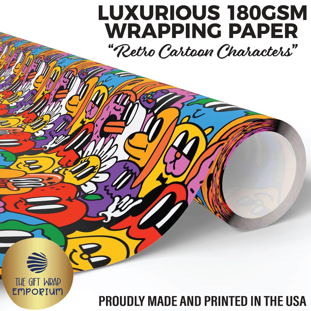 Retro Cartoon Characters Wrapping Paper, Rubber Hose Art Style Wrapping ...