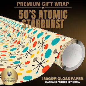 May include: A roll of 180gsm gloss gift wrap paper featuring a cream background with a repeating pattern of teal, orange, and yellow circles connected by black lines. Text reads: PREMIUM GIFT WRAP, 50'S ATOMIC STARBURST, 180GSM GLOSS PAPER, MADE AND PRINTED IN THE USA.