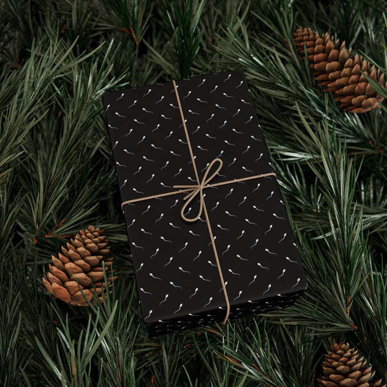 Puede incluir: Una caja de regalo rectangular envuelta en papel negro con un patr&oacute;n blanco repetitivo de espermatozoides. La caja est&aacute; atada con un cordel fino de color marr&oacute;n claro dispuesto en un patr&oacute;n de cruz simple con un peque&ntilde;o lazo en la parte superior.