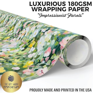 May include: A roll of luxurious 180 GSM wrapping paper with an impressionist floral design. The paper features a colorful pattern of white, pink, and yellow flowers with green foliage. The text "LUXURIOUS WRAPPING PAPER" and "Impressionist Florals" is visible.