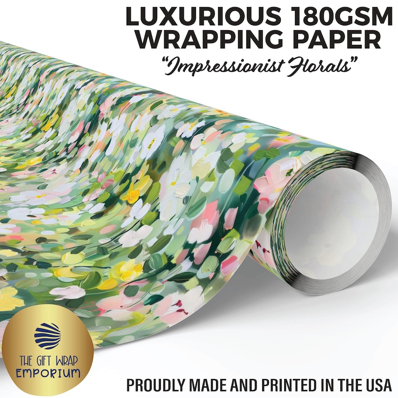 May include: A roll of luxurious 180 GSM wrapping paper with an impressionist floral design. The paper features a colorful pattern of white, pink, and yellow flowers with green foliage. The text "LUXURIOUS WRAPPING PAPER" and "Impressionist Florals" is visible.