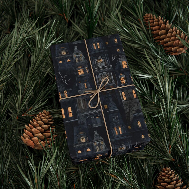 Gothic Haunted Houses Wrapping Paper, Spooky Gift Wrap, Halloween Wrapping Paper, Gift Wrap for Goths, Creepy Wrapping Paper, Goth Gift Idea image 8