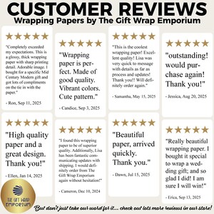 May include: A customer review graphic for wrapping papers from The Gift Wrap Emporium. The graphic features multiple customer testimonials with star ratings, praising the paper's quality, design, and service. The reviews are displayed in a grid format.
