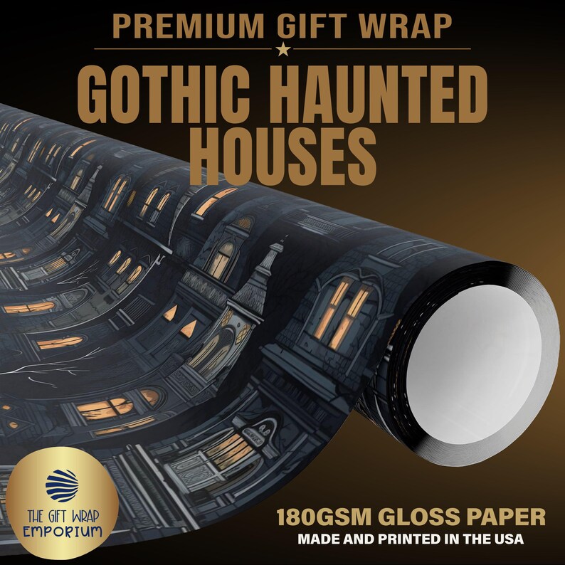 Gothic Haunted Houses Wrapping Paper, Spooky Gift Wrap, Halloween Wrapping Paper, Gift Wrap for Goths, Creepy Wrapping Paper, Goth Gift Idea image 1