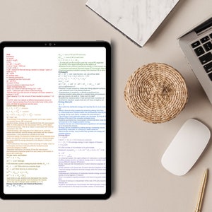 May include: A close-up of a digital tablet screen displaying a page of handwritten notes on thermodynamics, including formulas and definitions. The notes are written in different colours, making them visually appealing and easy to understand.