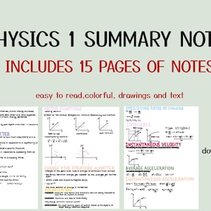 Puede incluir: Un conjunto colorido de notas resumidas de Física 1 con texto escrito a mano y diagramas. Las notas incluyen temas como tipos de colisiones, propiedades de la materia, densidad, funciones vectoriales, especificación de tasas de cambio, integrales, velocidad instantánea, aceleración promedio y aceleración instantánea. Las notas son fáciles de leer e incluyen 15 páginas de información.