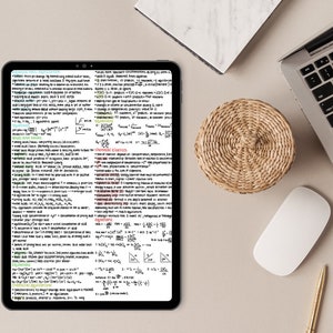 May include: A close-up of a digital tablet screen displaying handwritten notes on a white background. The notes include chemical formulas, equations, and diagrams related to chemistry. The tablet is surrounded by a white surface, a laptop, a woven coaster, and a white mouse.