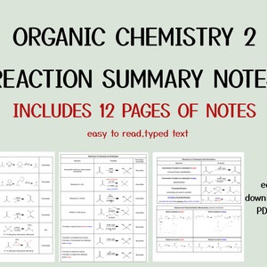 May include: A printable PDF document with 12 pages of notes on organic chemistry reactions. The document includes chemical structures and reactions with reagents and products. The text is easy to read and typed.