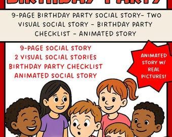 Può includere: Illustrazione colorata per una storia sociale su una festa di compleanno. L'immagine presenta un gruppo di bambini diversi intorno a una torta di compleanno con candele accese. Il testo in alto recita "SOCIAL STORIES BIRTHDAY PARTY".