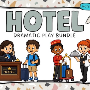 Könnte beinhalten: Eine digitale Illustration mit dem Titel HOTEL DRAMATIC PLAY BUNDLE, die eine Empfangsperson am Schreibtisch, einen Gast mit Koffer, einen Hotelpagen mit Gepäckwagen und eine Servicekraft mit Tablett zeigt. Ein Hotelschlüssel ist oben rechts.