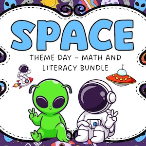 Può includere: Illustrazione colorata con la parola "SPACE" in lettere blu. L'immagine presenta un alieno verde, un astronauta, un razzo e un UFO. Il testo recita "Theme Day - Math and Literacy Bundle".