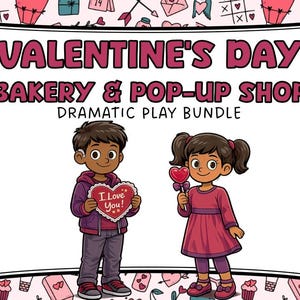 Può includere: Un'illustrazione a tema San Valentino con due bambini che tengono oggetti a forma di cuore. Il testo "VALENTINE'S DAY BAKERY & POP-UP SHOP" è visualizzato sopra. Il ragazzo tiene in mano un cuore con scritto "I Love You!".