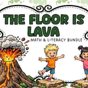 Könnte beinhalten: Bunte Illustration mit dem Text "THE FLOOR IS LAVA MATH & LITERACY BUNDLE". Es zeigt einen ausbrechenden Cartoon-Vulkan, zwei Kinder und einen dekorativen Rahmen.