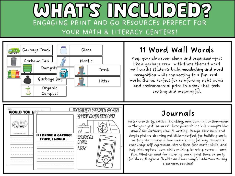 Garbage Truck and Recycling Math + Literacy Bundle for Preschool and ...