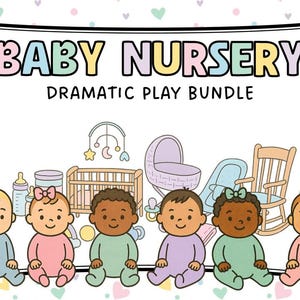 Könnte beinhalten: Eine farbenfrohe Illustration, die ein "Baby Nursery Dramatic Play Bundle" bewirbt. Das Bild zeigt sechs Cartoon-Babys mit unterschiedlichen Hauttönen, umgeben von Artikeln zum Thema Kinderzimmer wie einem Kinderbett, einer Babywanne und einem Schaukelstuhl. Der Text "BABY NURSERY" ist deutlich zu sehen.