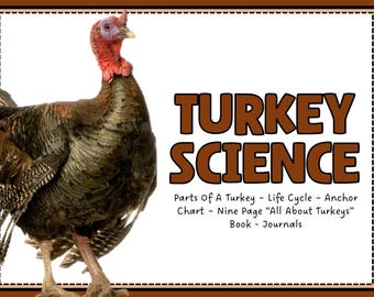 May include: A detailed image of a turkey with brown and black feathers, a red wattle, and a blue head. The text "TURKEY SCIENCE" is displayed in large brown letters, along with related educational topics.
