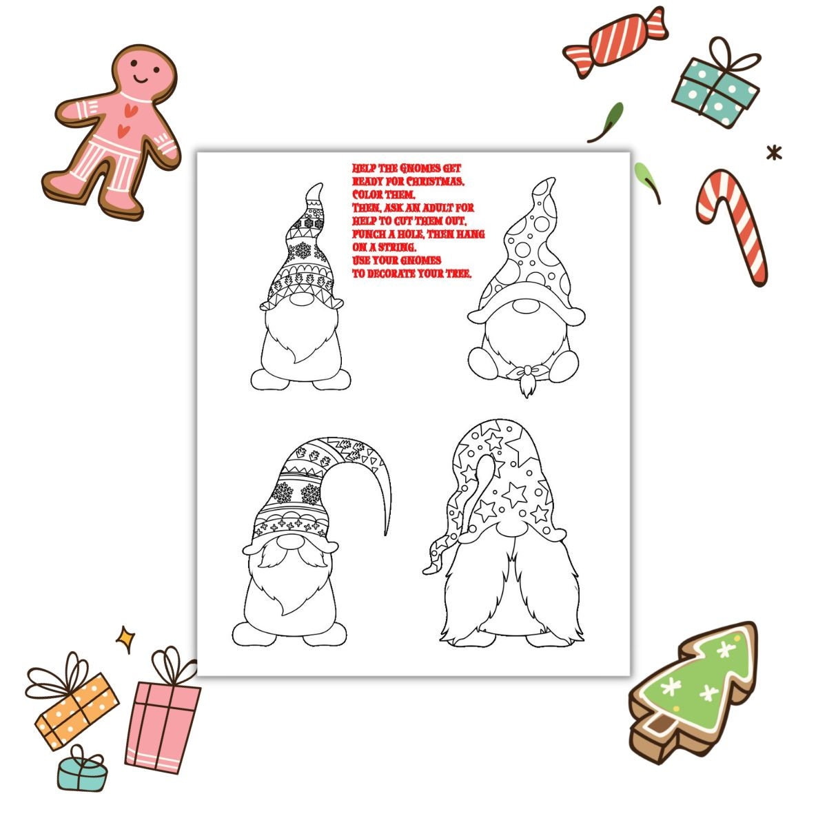Christmas Gnomes Printable Coloring Page for Kids, Christmas Gnomes