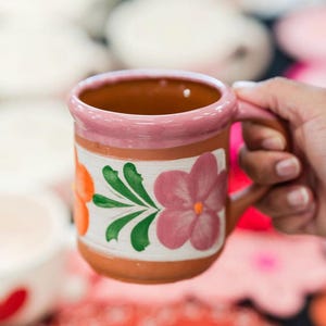Clay Flower Mug Made in Mexico Coffee Mug Hand Painted Clay Pottery Large Coffee Cup Floral Design Mexican Pottery Barro Mug from Mexico