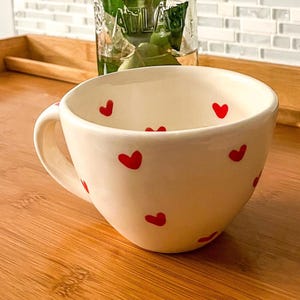 Ceramic Mug with Hand-Painted Hearts with Heart Shaped Crochet Coaster 10 oz Teacup style Coffee or Tea Mug Mexican Pottery