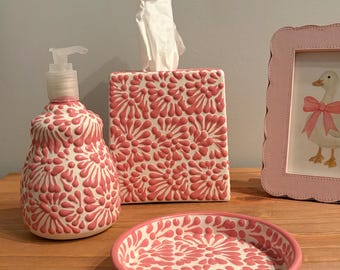 Hand-Painted Pink Ceramic Bathroom Set, Handmade Mexico Vanity Decor