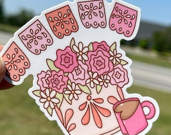 Pink Floral Sticker Bouquet of Flowers Sticker Pink Sticker Weatherproof Vinyl for Laptop Water Bottle Latina Gifts Pink Coffee Mug Sticker