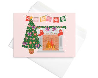 Pink Mexican Christmas Card Papel Picado Cute Navidad Card Holiday Greeting Latina Xmas Decor