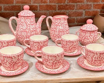 PREORDER Handmade Mexican Ceramic Tea Set  Pink Floral Teapot with 6 Cups & Saucers Traditional Pottery Holiday Gift