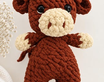 Handmade Crochet Cow Plush: Rust Brown Highland Cow (10" Tall)