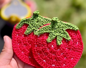 Strawberry Crochet Coaster, Mug Coaster, Drink Coaster, 100% Cotton,Strawberry Aesthetic, Handmade Gift Idea, Crochet Fruit Coaster, Gift