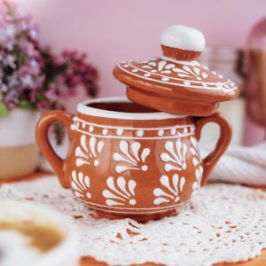 Handmade Mexican Barro Sugar Bowl with Lid  Rustic Clay Container Mexican Pottery Sugar Jar Kitchen Decor Gift