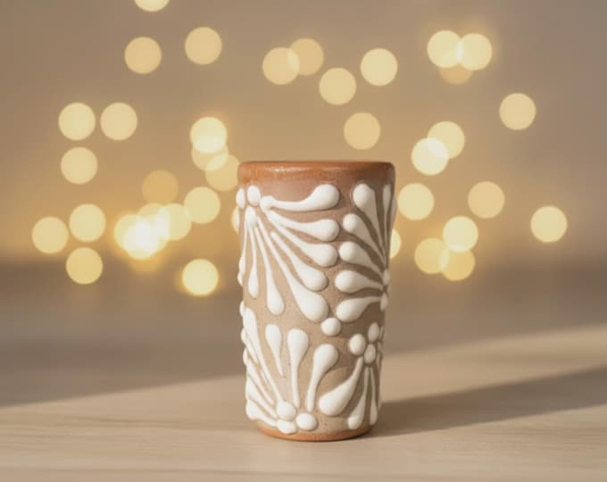 Handmade Barro Shot Glass Mexican Clay Tequila Glass Rustic Brown & White Pottery Wedding Favor or Gift Artisanal Barware Recuerdos de Boda