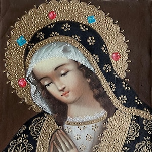 Madonna Virgin Mary Original Painting Oil on Canvas Cusco School 7 3/8 x 11 1/4 CS52525