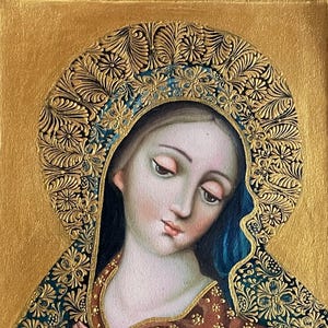 Virgin Mary Original Painting Oil on Canvas Cusco School 7 3/8 x 11 1/4 CS52501