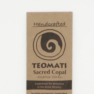 May include: A brown paper package of 8 handcrafted incense sticks made from copal resin. The package features the text "Teomati Sacred Copal - incense sticks - Experience the presence of the Great Mystery." and "Made in Mexico".