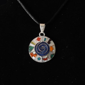Pachamama Spiral Pendant with Stone and Abalone Inlay and Seven Chakra Stones Peru 950 Silver Sacred Valley P52527