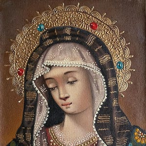 Madonna Virgin Mary Original Painting Oil on Canvas Cusco School 7 3/8 x 11 1/4 CS52532